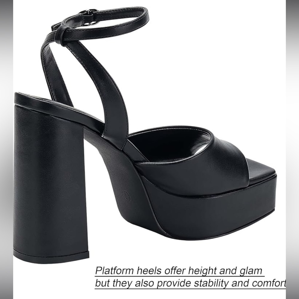 Platform Heels Chunky Heel Sandals Square Toe - Picture 5 of 16